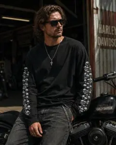 XXL新品黒スカルロンT長袖ドクロスケルトン袖プリントTシャツギルダン骸骨重ね着