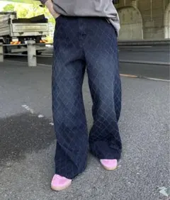 sedacleダークブルーダイヤモンドパターンワイドパンツ