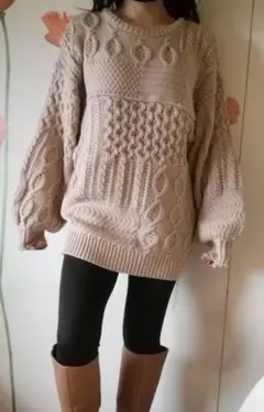 ボリューム袖  ケーブルニットワンピ チュニック 肌見せ リボン 高見え 細見え