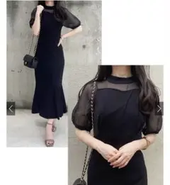 シースルー袖 ブラック ロングワンピース　GRL pm434
