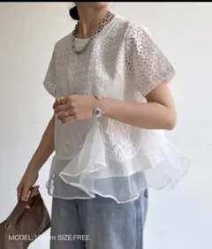 【美品】ドゥドゥ レース×オーガンジーフリルプルオーバー　ホワイトFサイズのサムネイル
