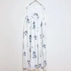 ジェラートピケ　ロングワンピース　ルームウェア　F ホワイト　花柄　ノースリーブ