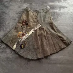 René Derhy フレアスカート L 花刺繍　ヘリンボーン　ウール混　大きめ