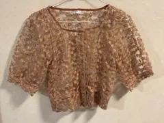 テラコッタブラウン 花柄刺繍 シアートップス レース 透け感トップス