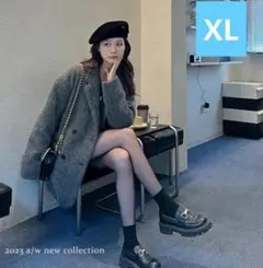 新品　グレー ダブルブレスト チェスターコート　XL　秋冬　暖かい　ロング