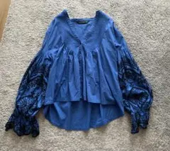 ZARA刺繍ブルーVネックブラウス シャツ ザラ L エンブロイダリー