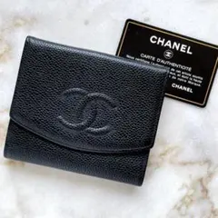 CHANEL シャネル キャビアスキン Wホック コンパクト財布 黒 ココマーク
