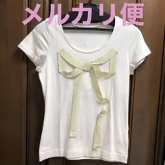 ホワイト リボン付き 半袖Tシャツ　XS/Sのサムネイル