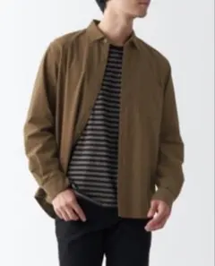 ブラウン 両面起毛フランネル　長袖シャツ S