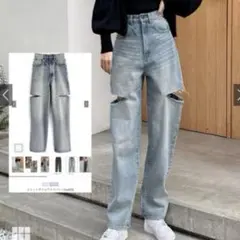 スリット入り ワイドデニムパンツ ハイウエスト ウォッシュ w60 CU420