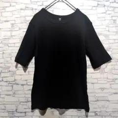 ユニクロ リブクルーネック5分袖 黒 M ストレッチ