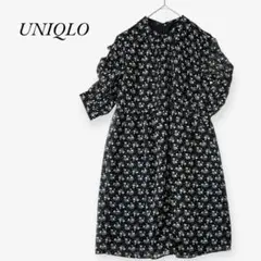 【UNIQLO】シフォンワンピース 小花柄 プリント 七分袖 胸元ギャザー 丸襟