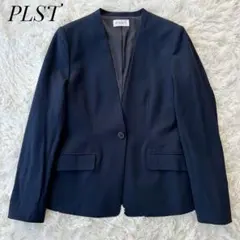 PLST プラステ ノーカラージャケット ネイビー WASHABLE ストライプ