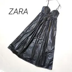 ザラ フェイクレザー キャミワンピース ロング フレア Aライン ブラック S