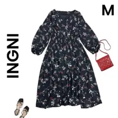 【INGNI】イング M 小花柄 ロングワンピース 黒 長袖