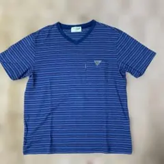 Crocodile 青 ストライプ Vネック Tシャツ M