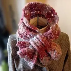 手編みハンドメイド輪に通すふわふわリボン型スヌード　№３４０