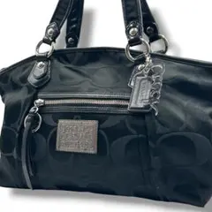 コーチ ポピー シグネチャー 2WAY ショルダーバッグ 黒 シルバー 通勤