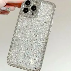 iPhone16Promax対応 キラキラシルバー ラインストーンケース
