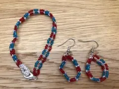 ミャクミャクカラー　赤青ビーズ　ブレスレット　ピアス　セット