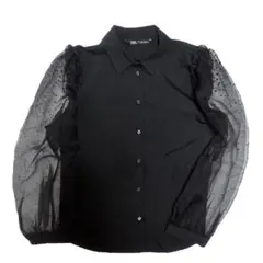 ZARA ドット柄シースルー袖 長袖シャツ パフスリーブブラック Lサイズのサムネイル