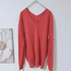 アンタイトル　Vネック 長袖ニット　カットソー　セーター　ピンクレッド　M