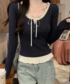 sheinネイビー リボン付き フリル トリム 長袖ブラウス フリルブラウス