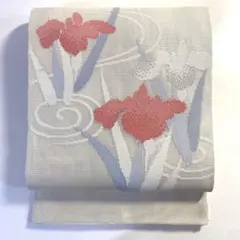 6k649 名古屋帯 絹 夏帯 夏物 紗 黄色 橙色 茶色 緑 花柄 和装 着物