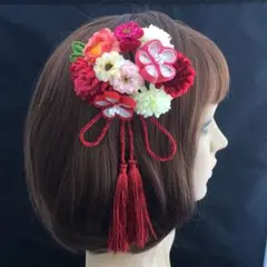 つまみ細工の髪飾り「カラフル小花とつまみ花3点セット（赤色）G123C」