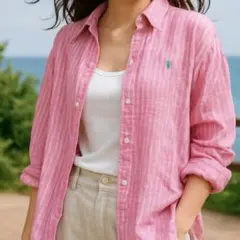 RALPH LAUREN リネン 麻 ストライプ ボタンダウンシャツ ピンク