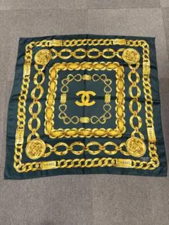 CHANEL シャネル 大判スカーフ チェーン柄 ネイビー ゴールド - メルカリ