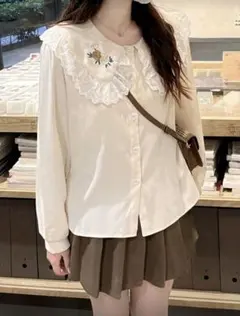 【SHEIN】コントラストカラー 刺繍 長袖シャツブラウス