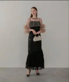 LEJAフラワースパンコールチュールフリルスリーブワンピースドレスSサイズ