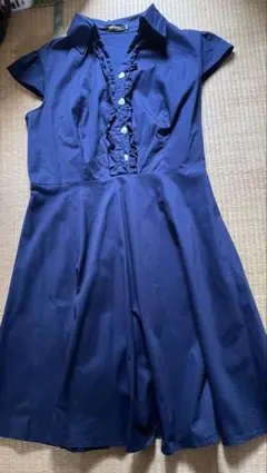 ネイビー フリル付きシャツワンピース