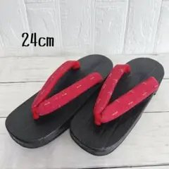 ☘️美品‼️黒塗り下駄 赤鼻緒 かすり柄24cm