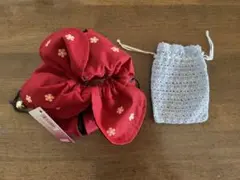 赤い花柄 和風巾着、かぎ編み巾着セット
