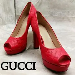 ✨美品✨ グッチ シマレザーオープントゥパンプス レッド 34.5