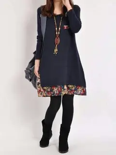 レディース ワンピース 小花裾 重ね着風 Aライン 長袖 チュニック ネイビー