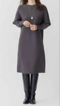 自由区　コットンストレッチホールガーメント　ニットワンピース　グレー系　32
