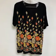 花柄 刺繍 半袖 カットソー ブラック