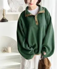 《JaVa ジャバコラボ》新あったかItem配色フリースプルオーバー　グリーン