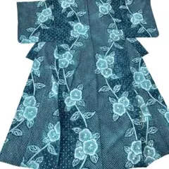 有松絞り青緑系花柄浴衣(美品) 有松絞り【浴衣】花柄 綿 総絞り 水色 白 空色 046の通販 by
