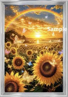 神光ひまわりの楽園 ～虹に舞う幸せの蝶々～ 黄金夕陽 開運アート 癒し絵画