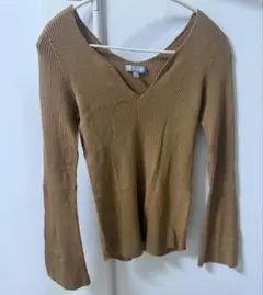 リブ編みVネック長袖セーター M ブラウン