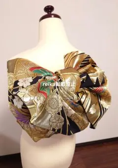 正絹 綴れ 黒×金・白金 幾何学模様 名古屋帯 帯締め 帯留め セット