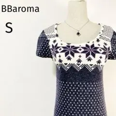 美品チュニックニットワンピース　ストレッチ　起毛　カントリー柄　総柄　半袖　紫