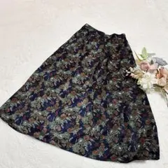【ジーユー】GU フレアミディスカート(フラワー) 花柄 ネイビー L ○