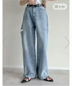 STサイズ サイドスリットワイドストレートコットンデニムパンツ　リエディ