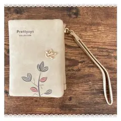 折りたたみ財布・鳥のモチーフ・コンパクトサイズ・モカ色・ストラップ付き