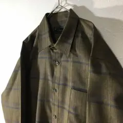 【個性派古着】日本製　長袖総柄デザインシャツ　マルチカラー　格子柄　メンズL